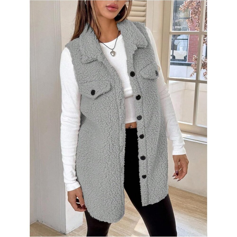 Women's Grey Fuzzy Fleece Vest Sleeveless Button Down Thigh Length Teddy Coat - Picture 4 of 5